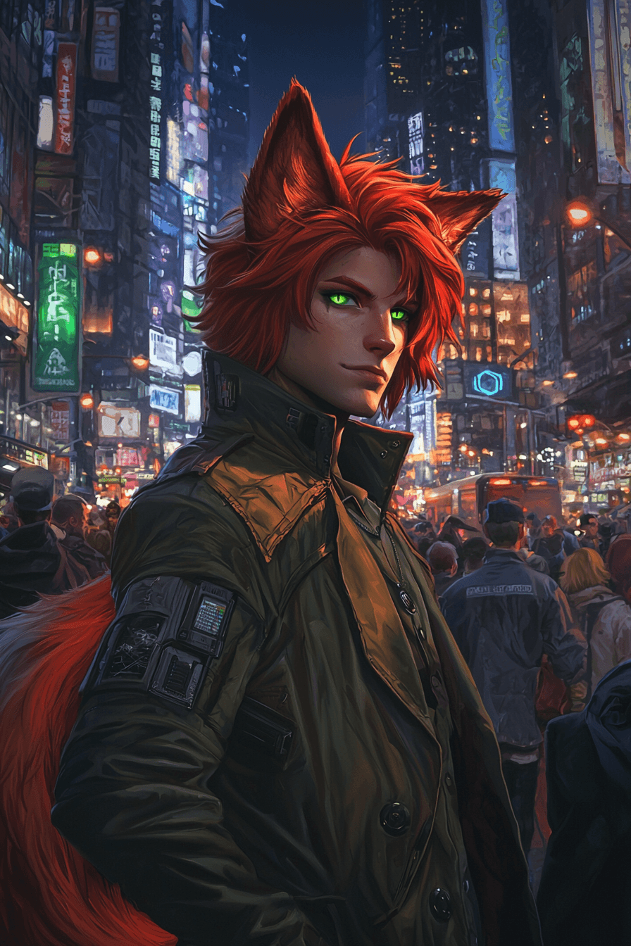 A fox-eared man in a thick jacket standing in a busy cyberpunk street