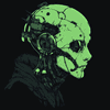 A profile icon depicting a decayed cybernetic skull against a black background.