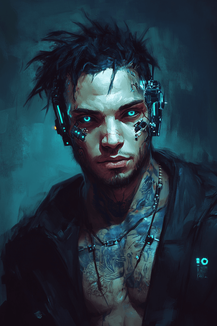 An image of a man with dark hair and heavy augmentations, depicting Domonik Shwerver